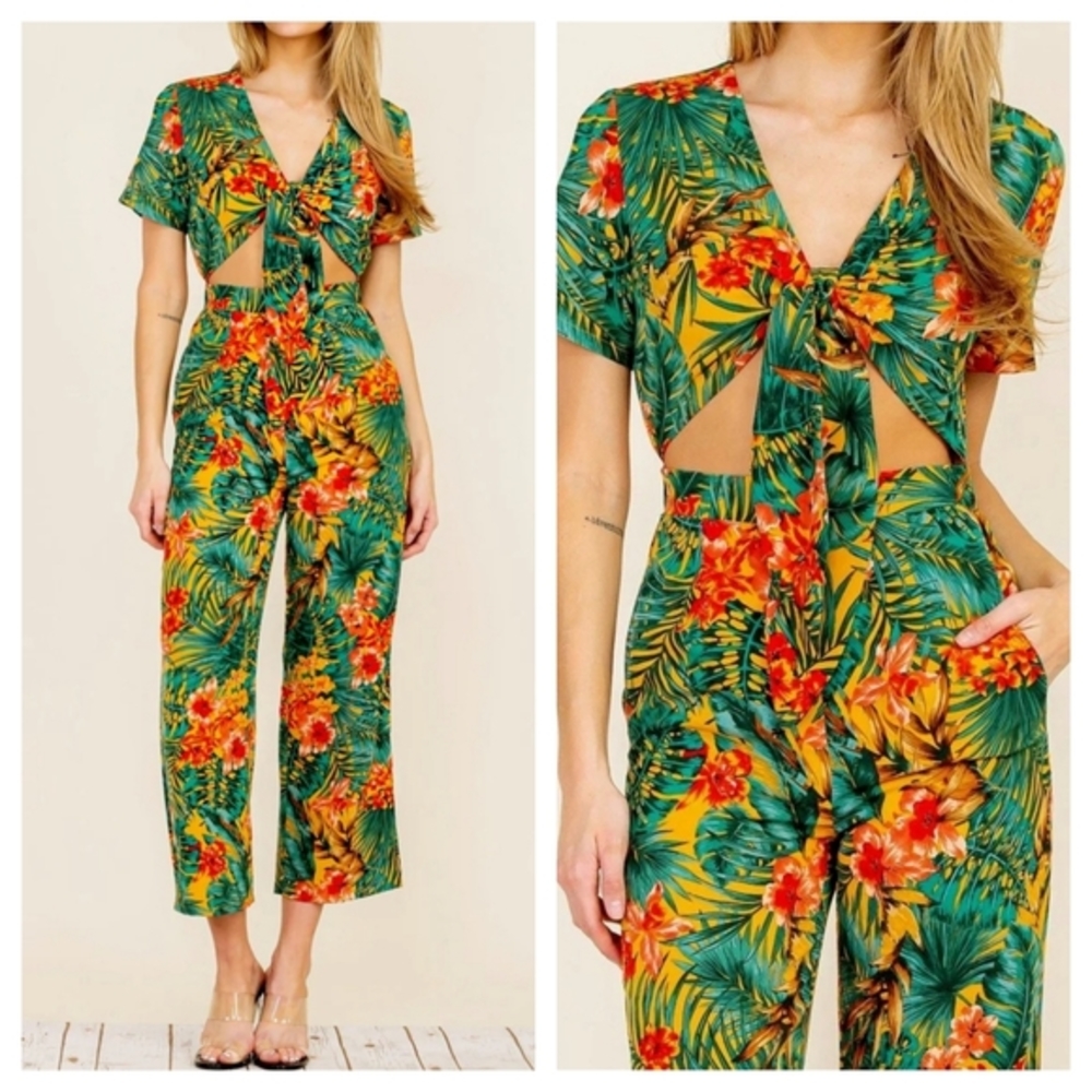 29 green tropical floral boho open tie front short sleeve tea length jumpsuit